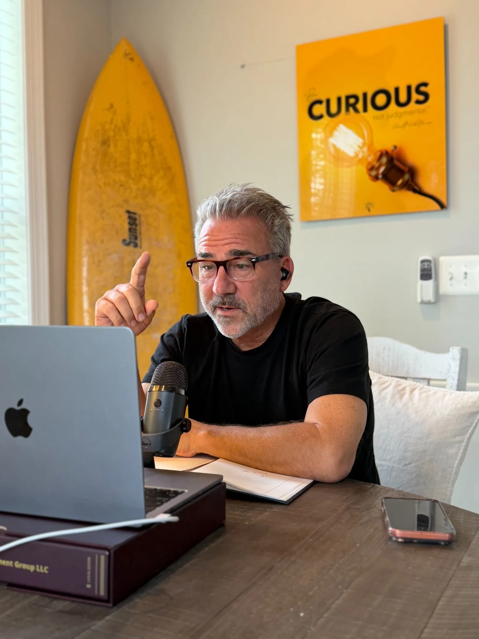 Mark P. Fisher making a point during a video conversation